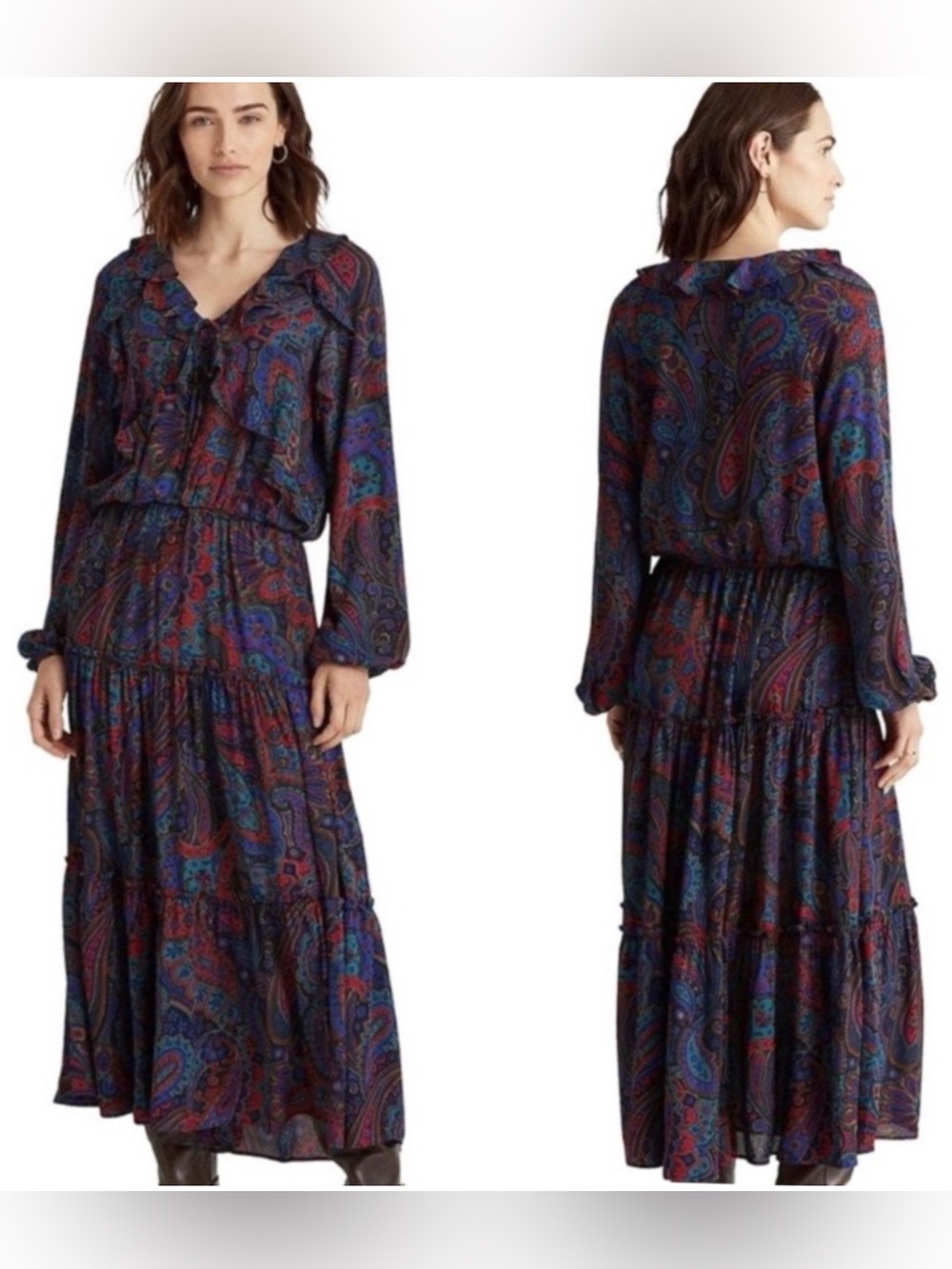 Ralph Lauren Multi-Color Paisley Ruffle Tiered Maxi Dress